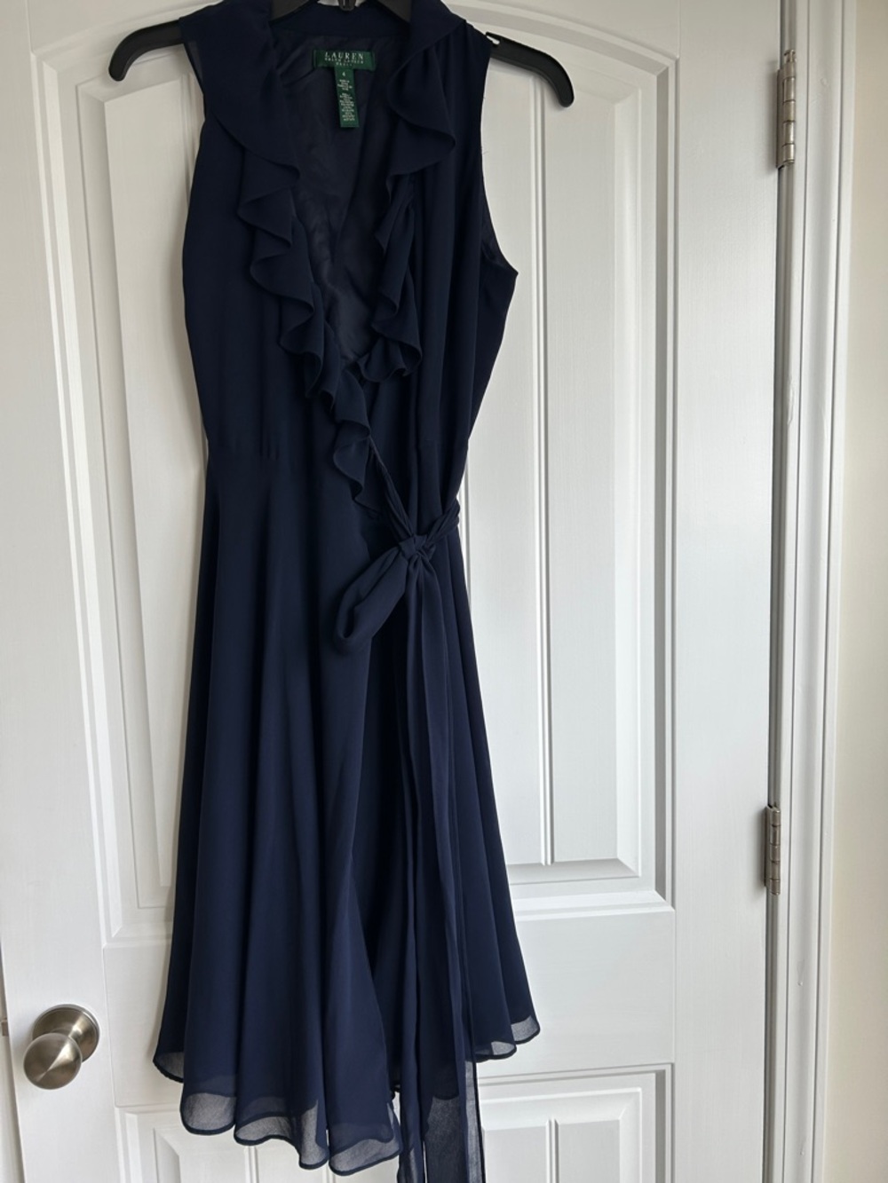 Ralph Lauren lined Navy Sleeveless Ruffle Wrap Midi Dress
